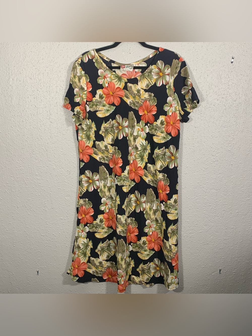 Hilo Hattie The Hawaiian Original Hibiscus & Palm Print on Black A-Line Dress XL